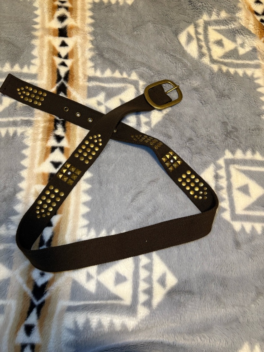 Studded Brown Elastic Belt with Brass Buckle